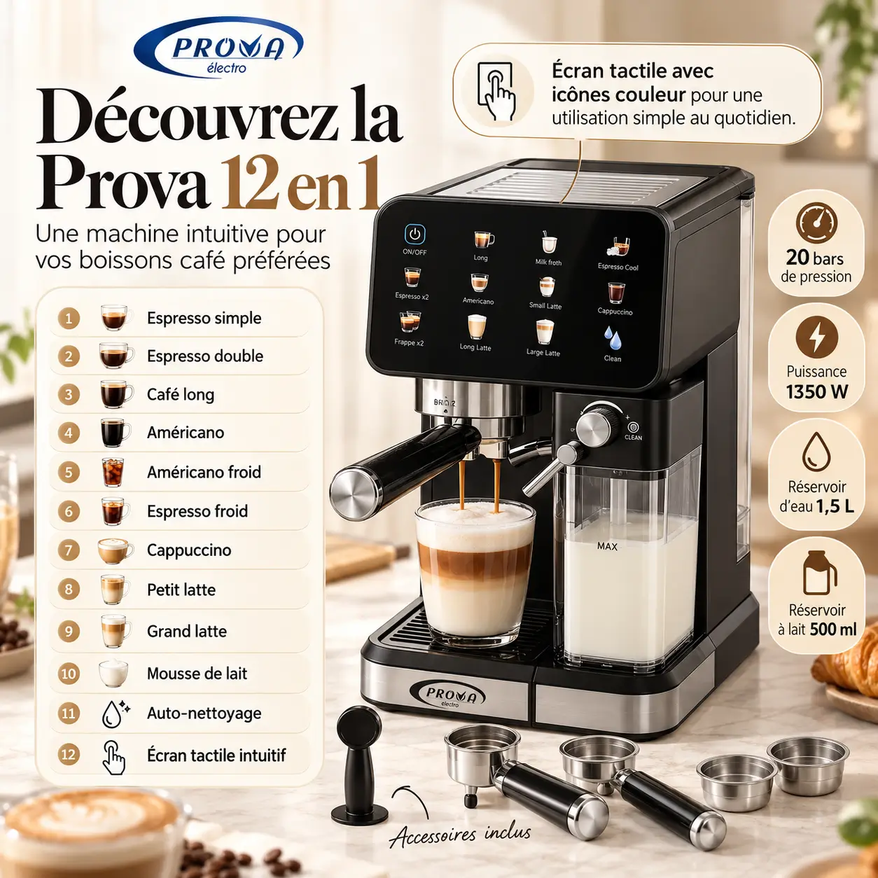 Machine à Café Expresso Prova 12 en 1 - 1350W - 1,5L