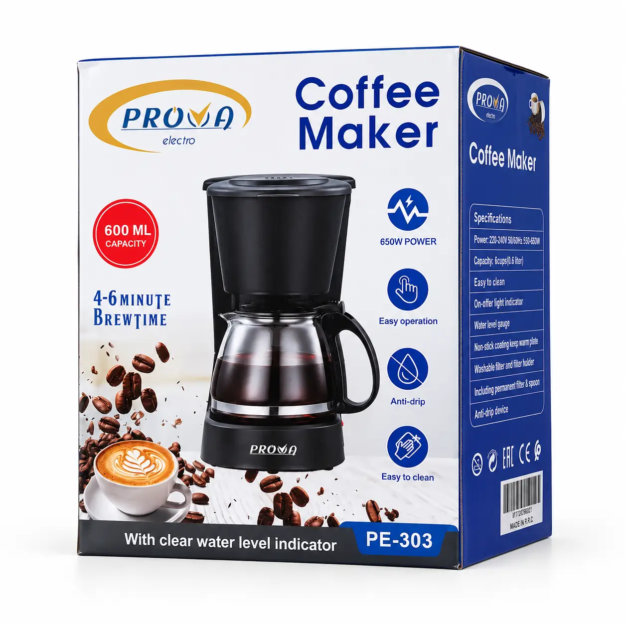 Cafetière filtre PROVA PE-303 – 6 tasses, 650 W